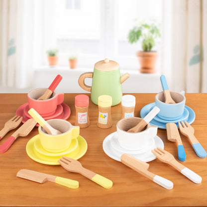 Pretend kitchen colorful wooden plates, cups, spoons and cutlery set