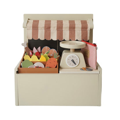 Kinmilo wooden farmers market stall with wooden toy food scale and grocery produce