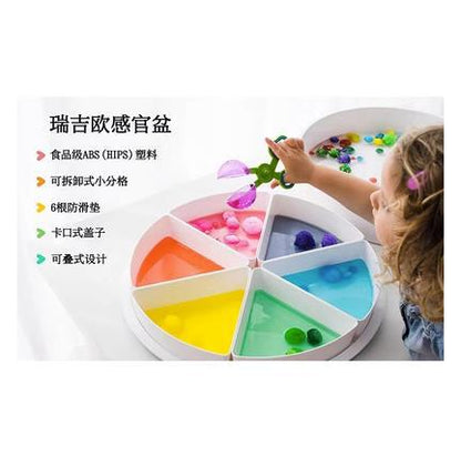 Wooden and metal sensory bin with sorting trays and component details