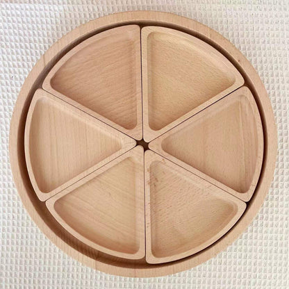Wooden and metal sensory bin with sorting trays and component details