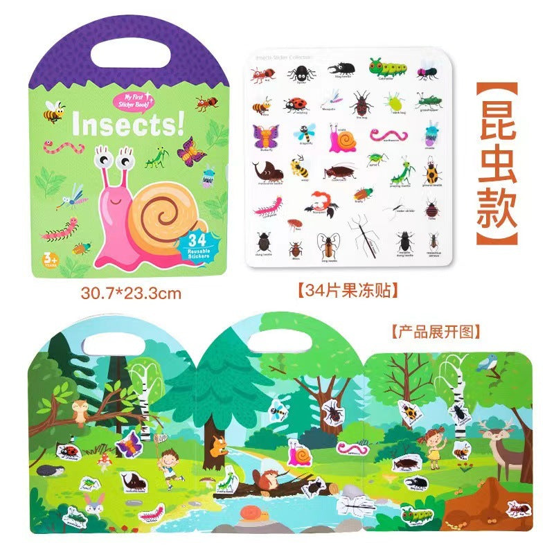 Six-theme reusable jelly sticker quiet book illustrated scenes and stickers