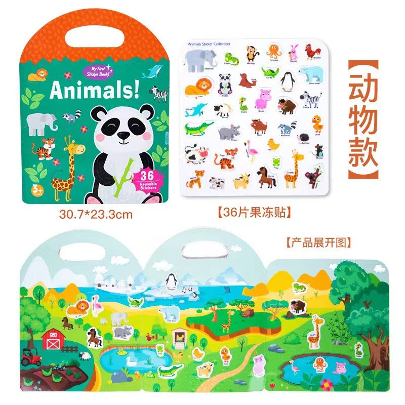 Six-theme reusable jelly sticker quiet book illustrated scenes and stickers