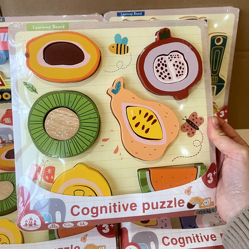 Montessori wooden learning puzzle board with colorful removable pieces
