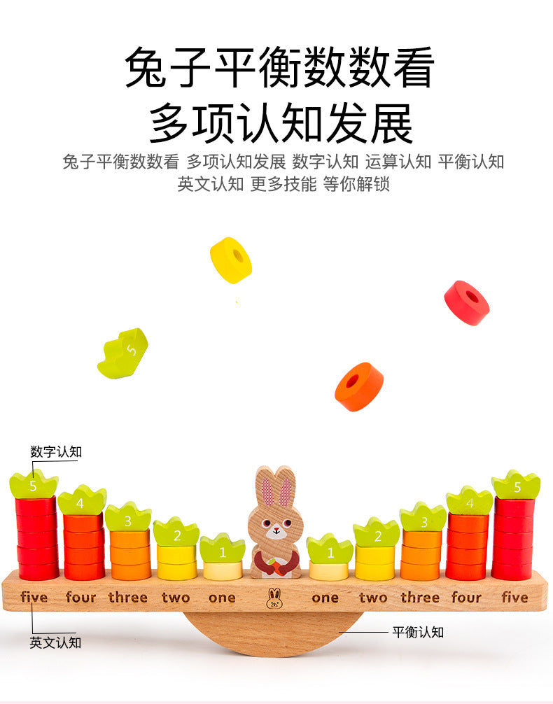 Kinmilo wooden rabbit counting balance, components, measurements and learning activity details