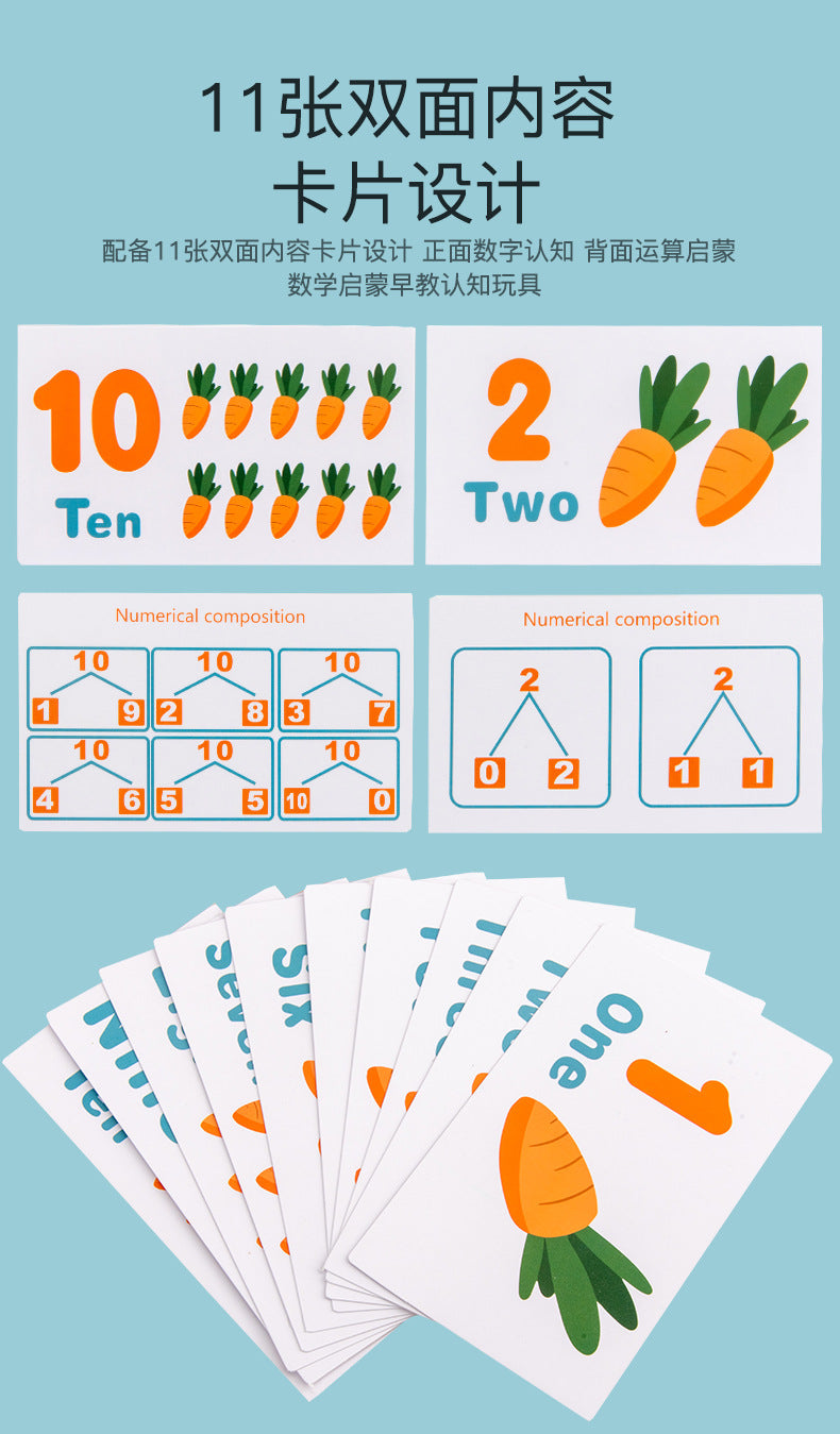 Kinmilo wooden rabbit counting balance, components, measurements and learning activity details
