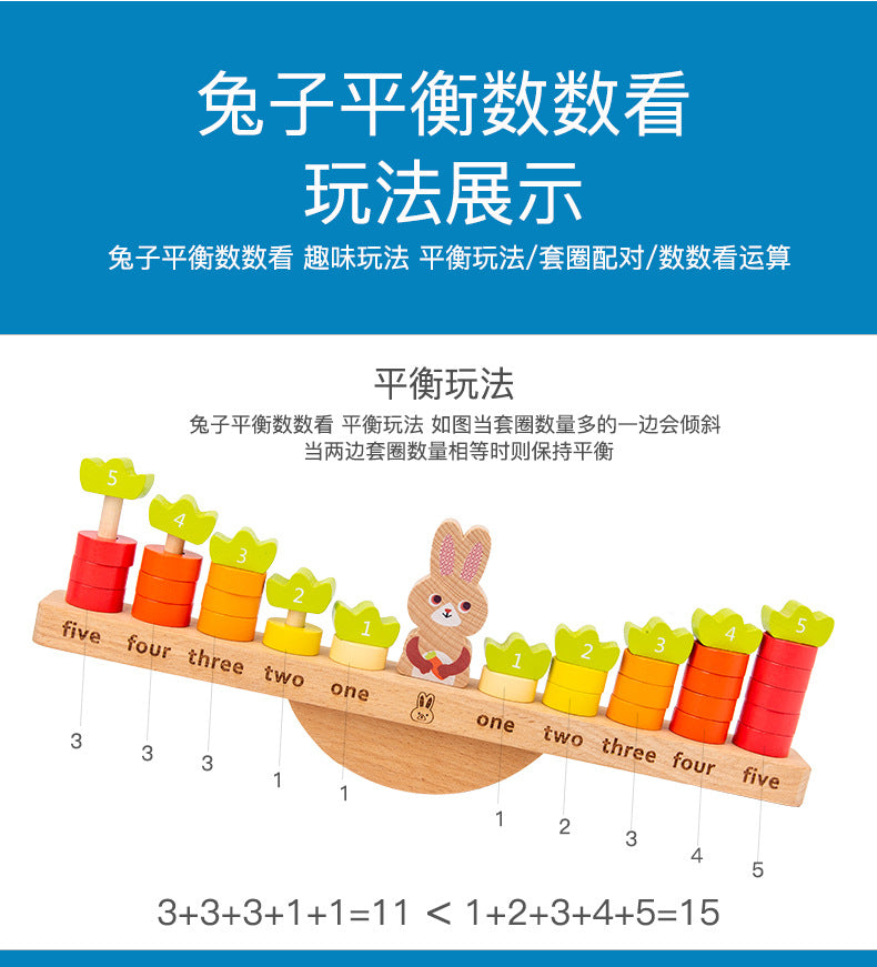 Kinmilo wooden rabbit counting balance, components, measurements and learning activity details