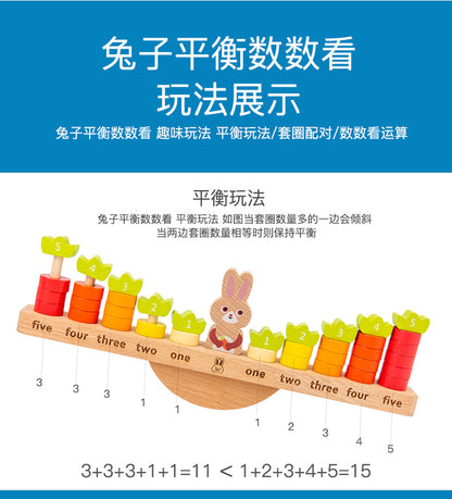 Kinmilo wooden rabbit counting balance, components, measurements and learning activity details