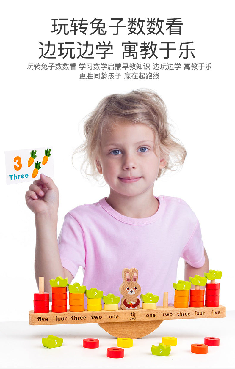 Kinmilo wooden rabbit counting balance, components, measurements and learning activity details