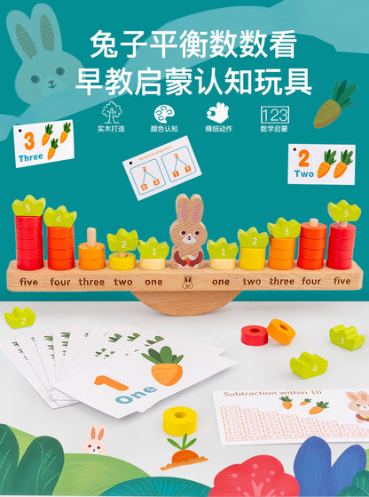 Kinmilo wooden rabbit counting balance, components, measurements and learning activity details