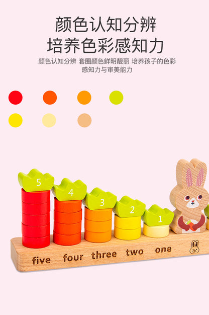 Kinmilo wooden rabbit counting balance, components, measurements and learning activity details