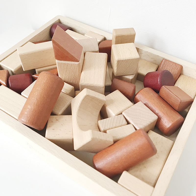 Close-up of smooth beechwood geometric building pieces