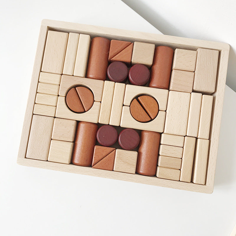 Complete Montessori wooden 46 piece architectural blocks neatly arranged in wooden tray