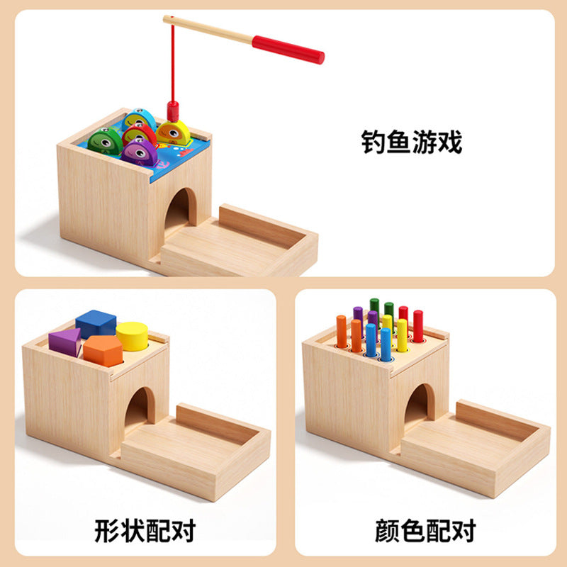Five-in-one wooden learning box details for fishing, shape, ball and carrot games