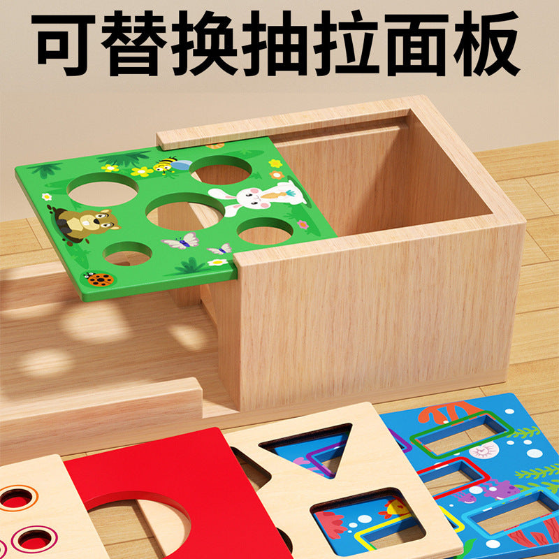 Five-in-one wooden learning box details for fishing, shape, ball and carrot games