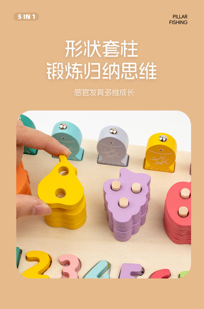 Kinmilo Montessori wooden geometric shape sorting and rainbow stacking set - design view 37