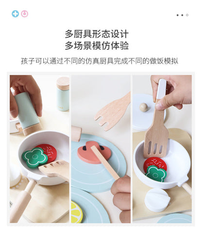 Kinmilo wooden play kitchen cookware, accessories and cooking activity view 9