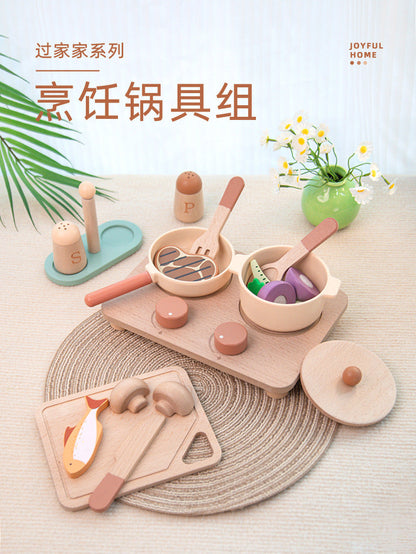 Kinmilo wooden play kitchen cookware, accessories and cooking activity view 56