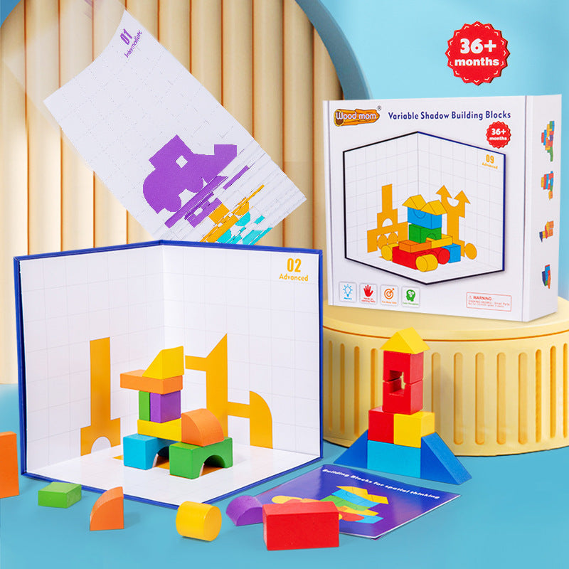 Kinmilo wooden shadow puzzle – geometric pieces, pattern cards and spatial play details