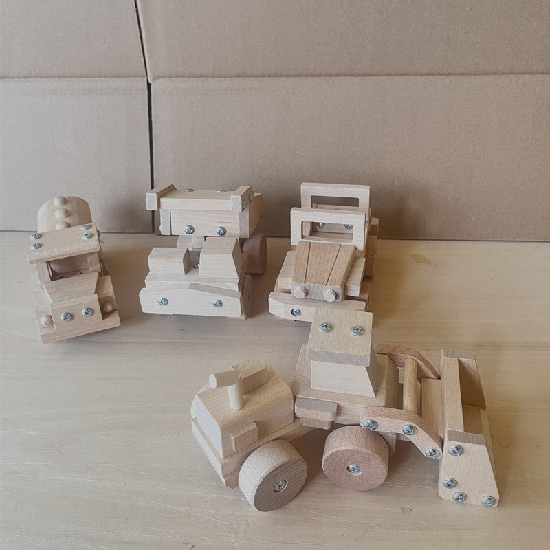 Kinmilo natural wooden toy vehicles – construction trucks and miniature emergency vehicles