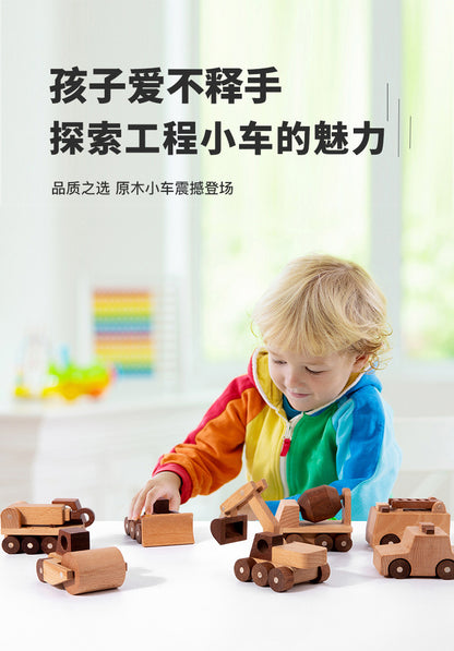Kinmilo wooden vehicles product photography with play details and dimensions
