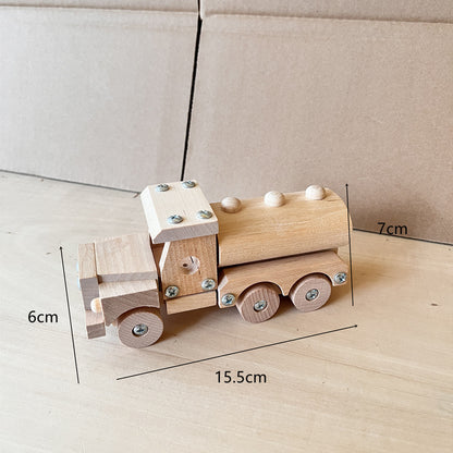 Kinmilo wooden vehicles product photography with play details and dimensions