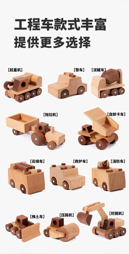 Kinmilo wooden vehicles product photography with play details and dimensions