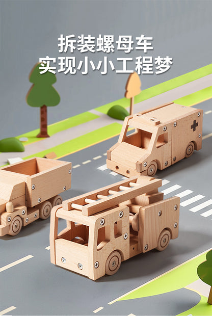 Kinmilo wooden vehicles product photography with play details and dimensions