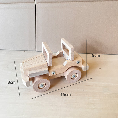 Kinmilo wooden vehicles product photography with play details and dimensions