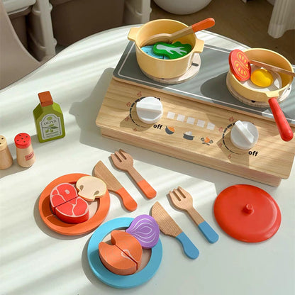 Kinmilo wooden tabletop two-burner play kitchen with cookware, toy food and utensils