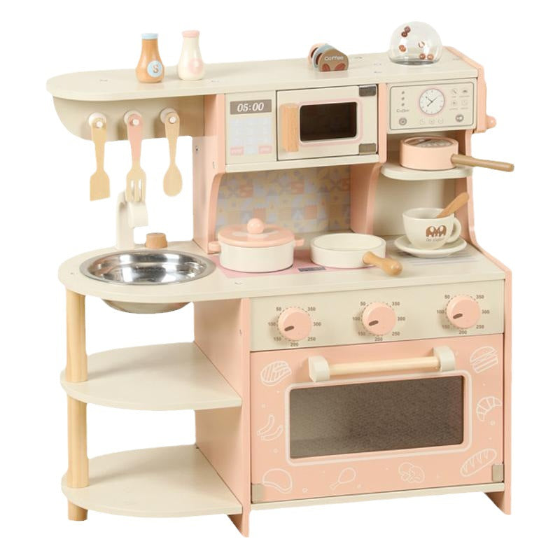 Pink wooden pretend kitchen detail 2: oven, sink, accessories and storage