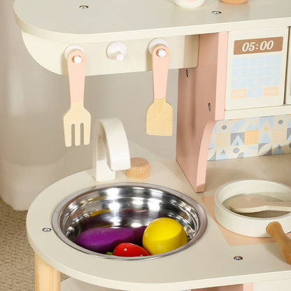 Pink wooden pretend kitchen detail 4: oven, sink, accessories and storage