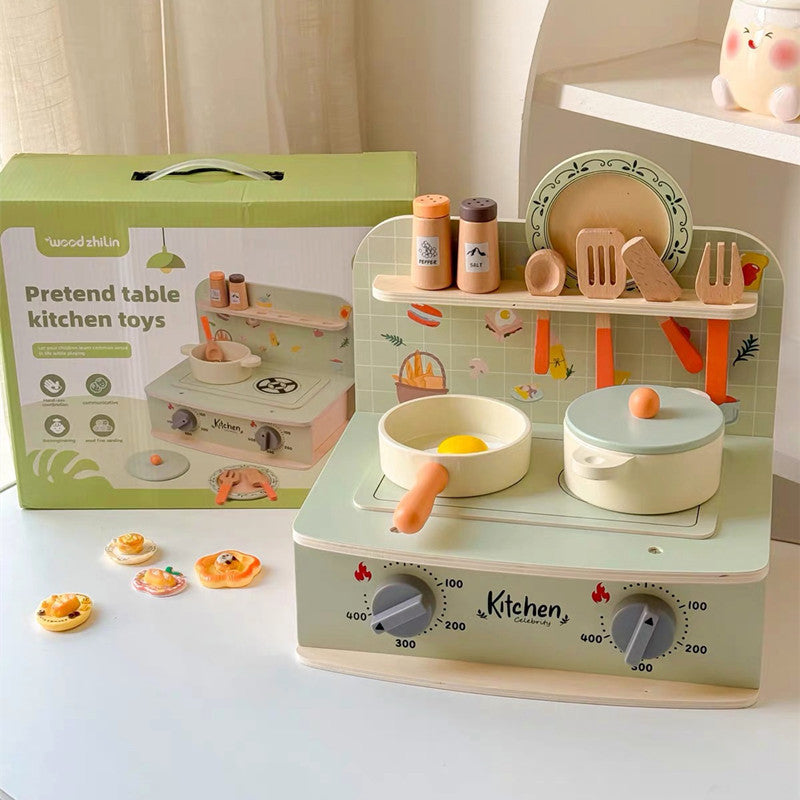Wooden tabletop pretend cooking kitchen, clock kitchen or mint stove, detailed view 1