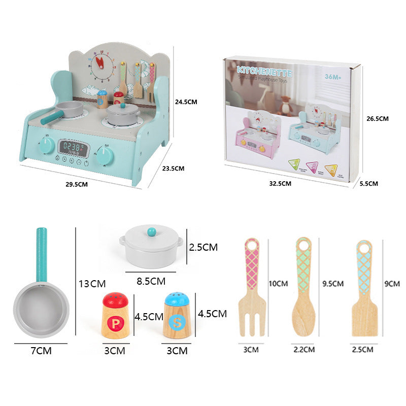 Wooden tabletop pretend cooking kitchen, clock kitchen or mint stove, detailed view 8