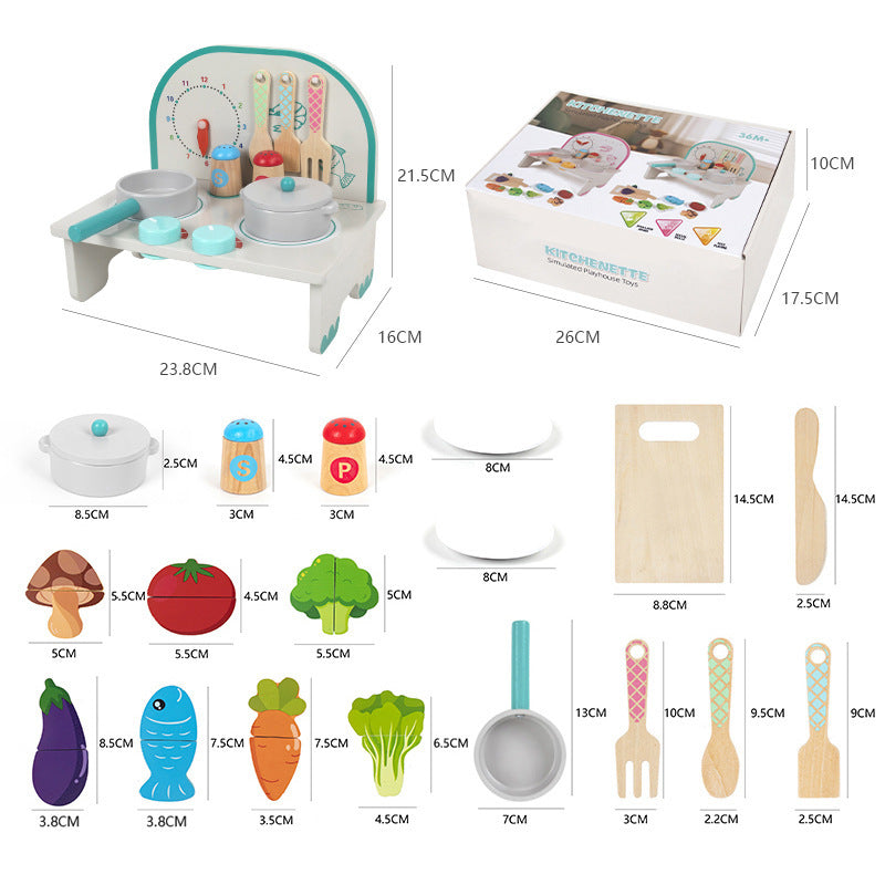 Wooden tabletop pretend cooking kitchen, clock kitchen or mint stove, detailed view 10