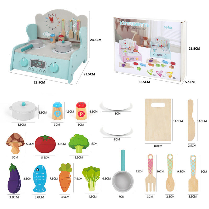 Wooden tabletop pretend cooking kitchen, clock kitchen or mint stove, detailed view 11