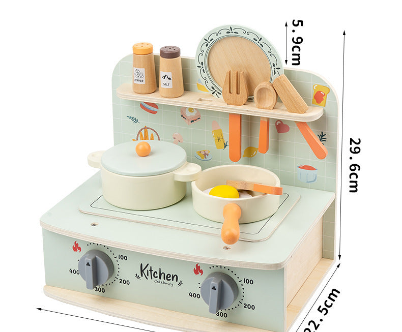 Wooden tabletop pretend cooking kitchen, clock kitchen or mint stove, detailed view 12