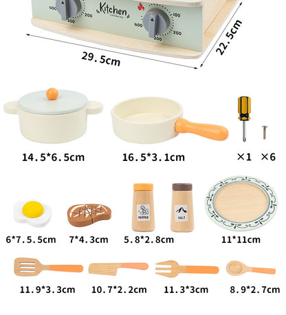 Wooden tabletop pretend cooking kitchen, clock kitchen or mint stove, detailed view 13