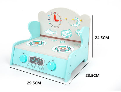 Wooden tabletop pretend cooking kitchen, clock kitchen or mint stove, detailed view 14