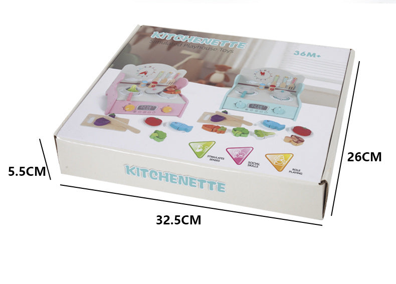 Wooden tabletop pretend cooking kitchen, clock kitchen or mint stove, detailed view 15