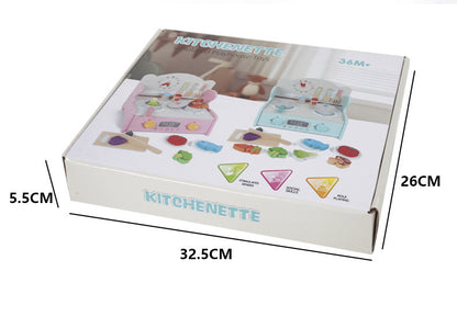 Wooden tabletop pretend cooking kitchen, clock kitchen or mint stove, detailed view 15