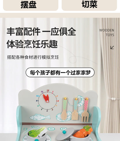 Kinmilo tabletop wooden pretend play kitchen, stove cooking accessories, illustrated play activity or specifications photo 66