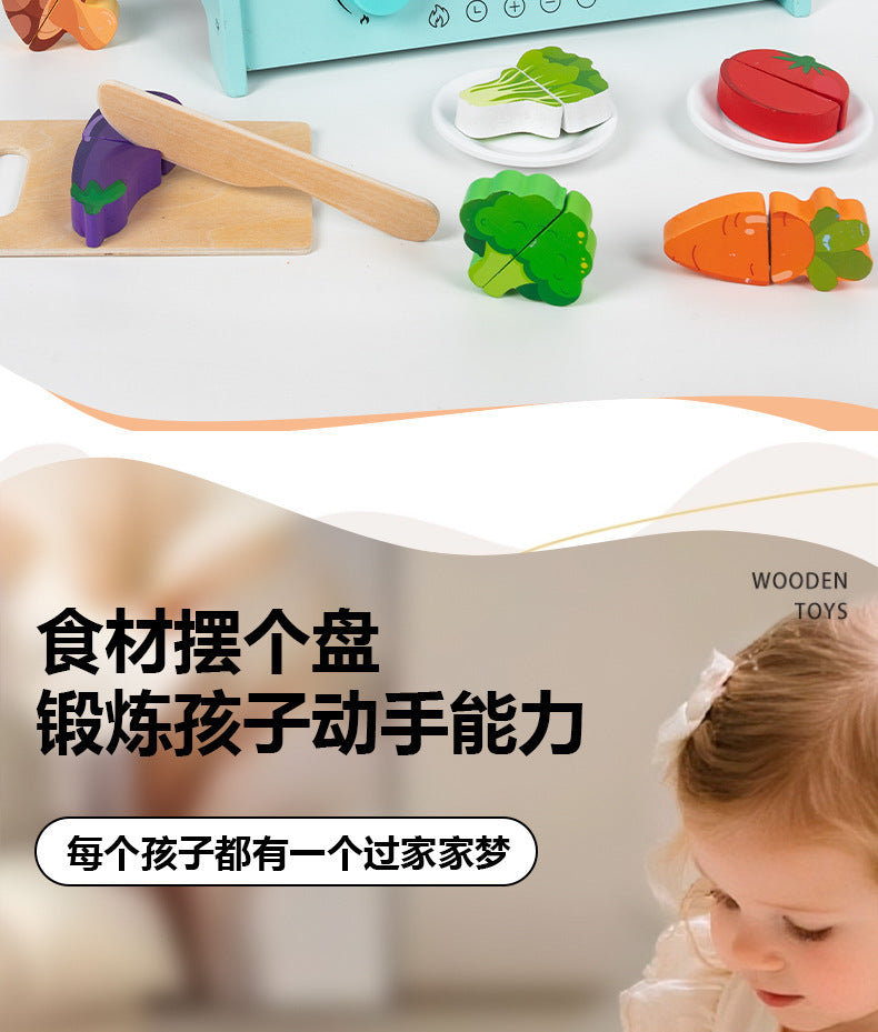 Kinmilo tabletop wooden pretend play kitchen, stove cooking accessories, illustrated play activity or specifications photo 70