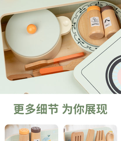 Wooden tabletop kitchen toy illustrated parts dimensions color variant and pretend cooking photograph 90