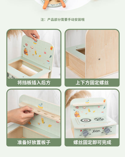Wooden tabletop kitchen toy illustrated parts dimensions color variant and pretend cooking photograph 91