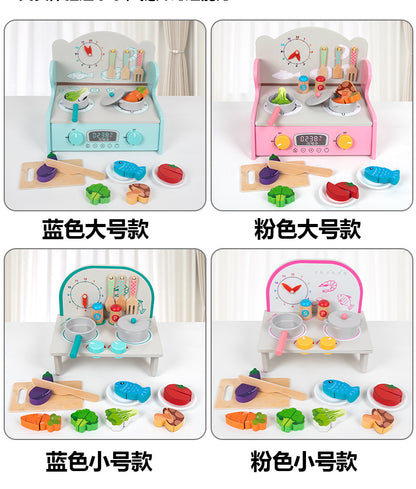 Wooden tabletop kitchen toy illustrated parts dimensions color variant and pretend cooking photograph 94