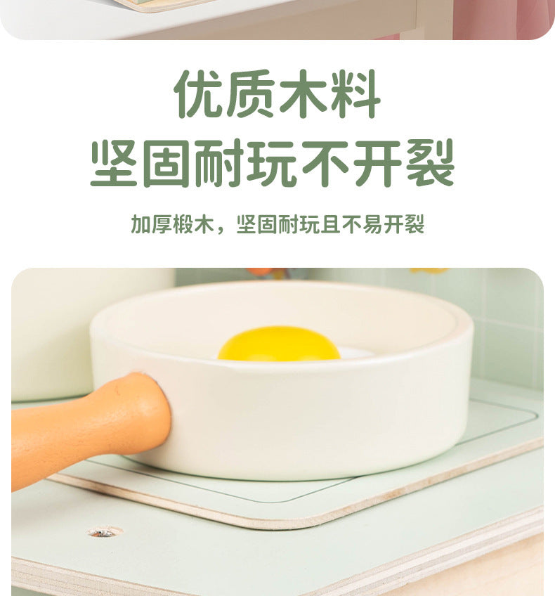 Wooden tabletop kitchen toy illustrated parts dimensions color variant and pretend cooking photograph 96