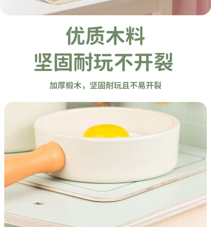 Wooden tabletop kitchen toy illustrated parts dimensions color variant and pretend cooking photograph 96
