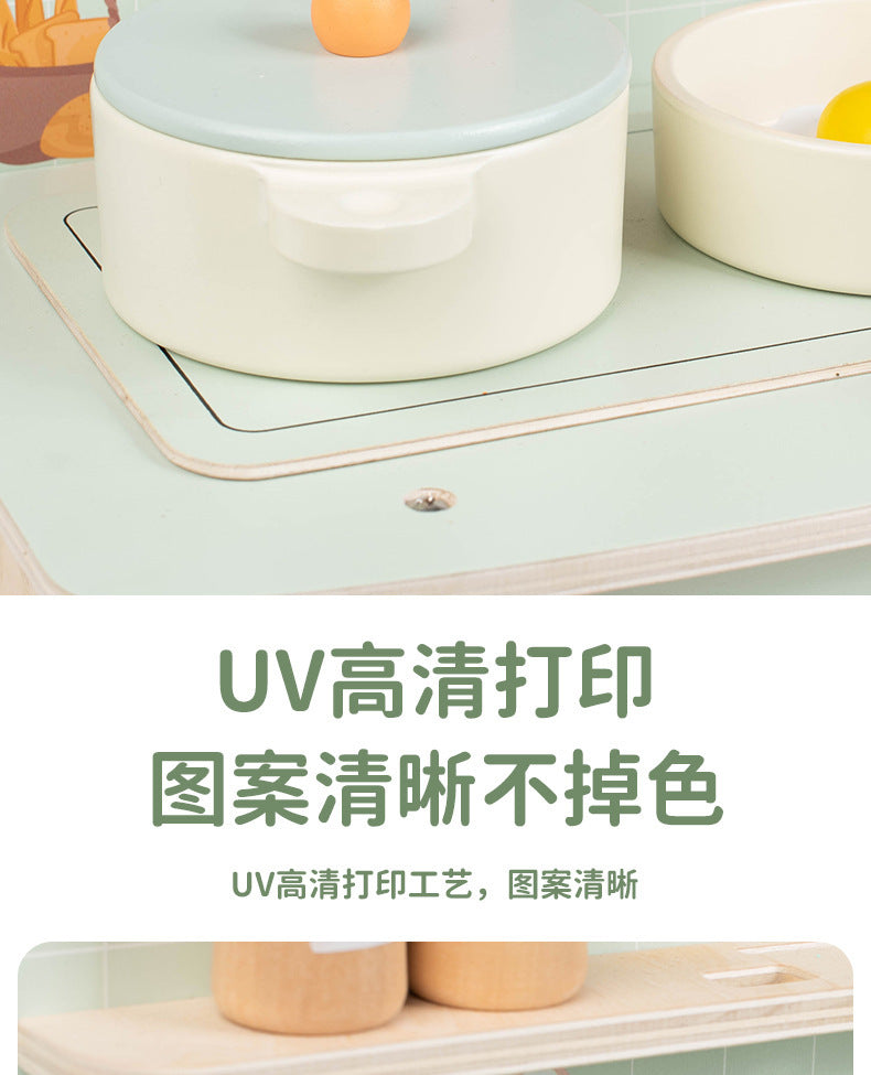 Wooden tabletop kitchen toy illustrated parts dimensions color variant and pretend cooking photograph 97