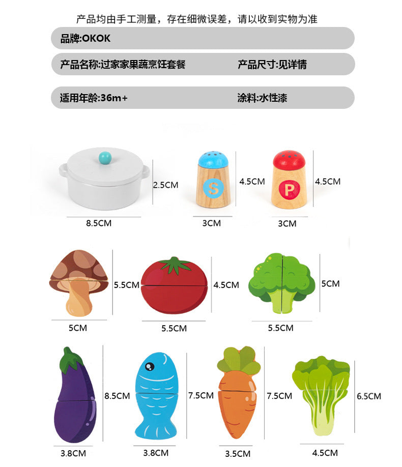 Wooden tabletop kitchen toy illustrated parts dimensions color variant and pretend cooking photograph 98
