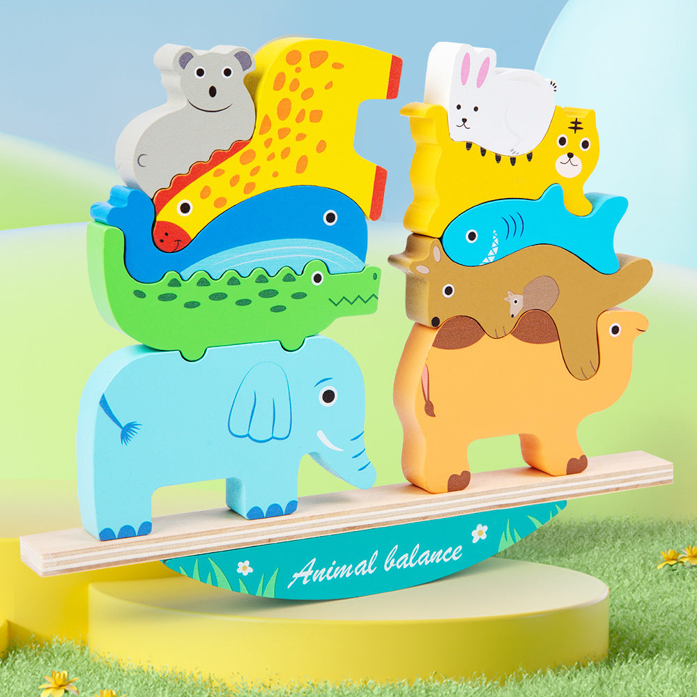 Colorful wooden animal balance stacking toy with rocking wooden base, detailed product photo 1